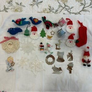 Super Lot Of 28 Vintage Mostly Handmade Christmas Ornaments Gold Plated Crochet
